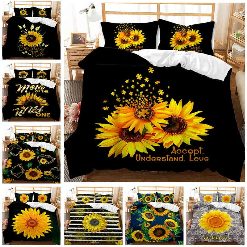 Sunflower Duvet Cover Set Yellow Flowers Bedding Pattern Botanical Floral Garden Bloom Print on Black Quilt