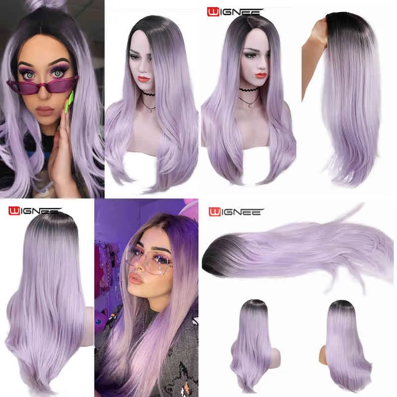 Nxy Wignee Long Synthetic Fiber Wigs Ombre Light Purple Partial Dision With Oldique Bangs for Women Daily/Cosplay Natural Hair Wig 220622
