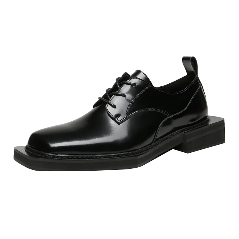 Men Handmetric Men Derby Shoes Personality زيادة 4 سم أزياء مربع أحذية جلدية للرجال بريطانية واسعة النطاق