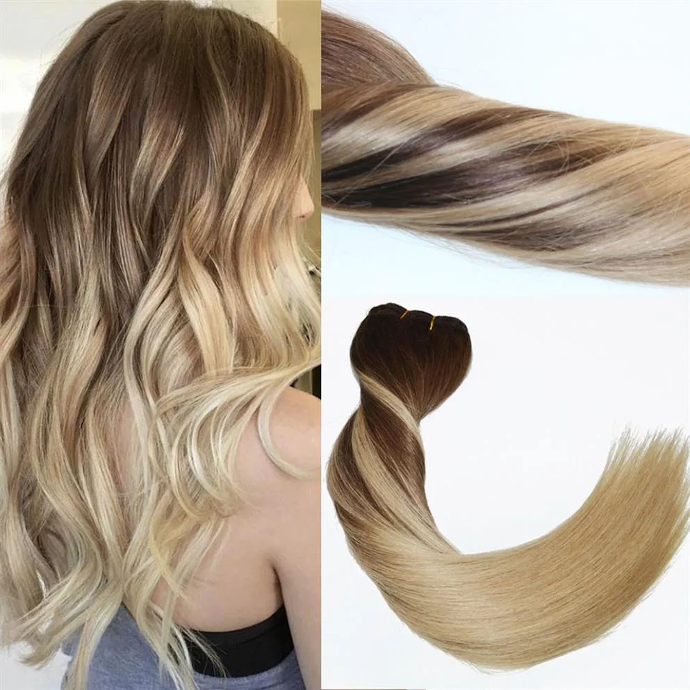 120gram Virgin Remy Balayage Hair Clip In Extensions Ombre Medium Brown To Ash Blonde Highlights Real Human Hair Extensions314T