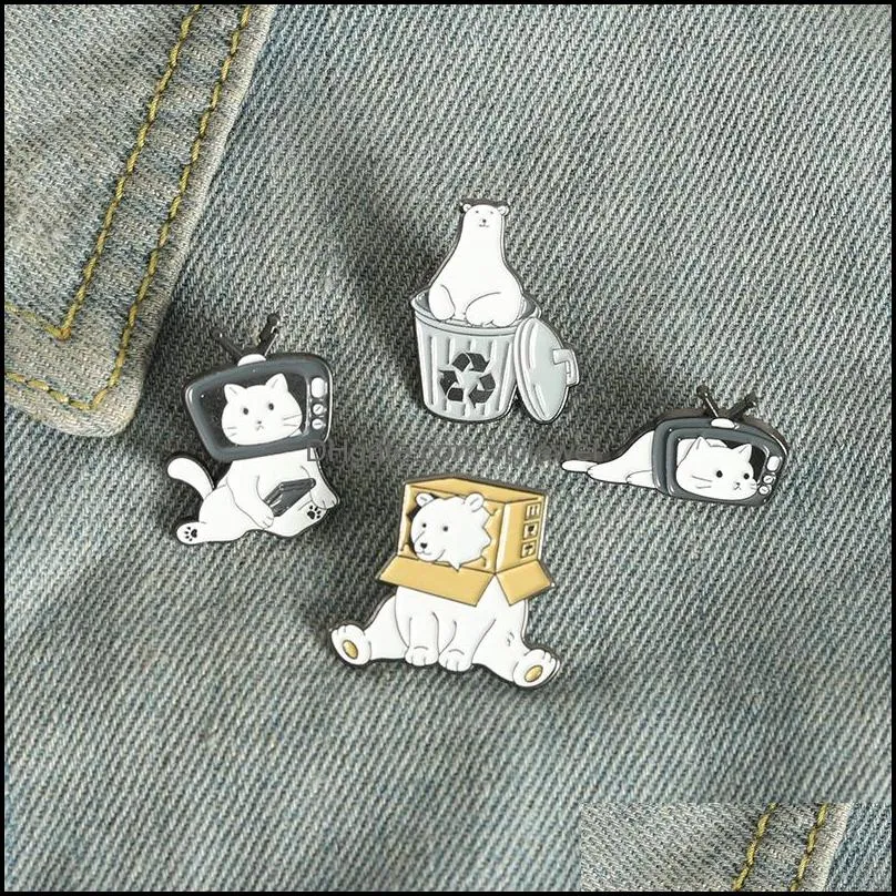 black white tv cat brooch unisex cartoon white bear recycling bin clothes badges lapel pins european alloy animal enamel backpack hat sweater