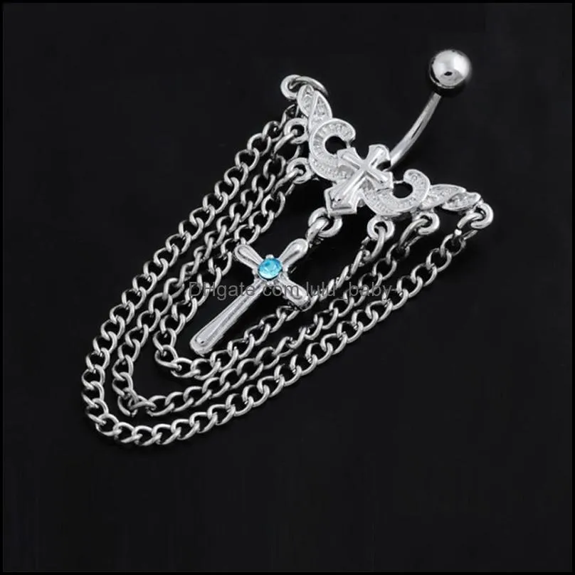 14g chain dangle belly button ring stainless steel alloy cross tassel navel barbell piercing jewelry for women