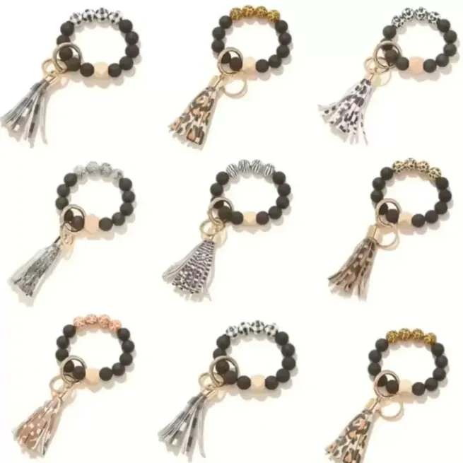 Mode Rosted Trä Bead Armband Keychain Party Favor Mönster Tassel Hängsmycke Armband Kvinnor Tjej Key Ring Wrist Strap 7 Färger T0401