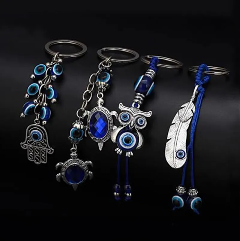 Handgemaakte Doved Animal Sleutel Ringen Veren Butterfly Evil Ogen Sleutelhanger Owl Elephant Sleutelhanger Glas Turks Blauw Oog Hanger Hamsa Sleutelhanger