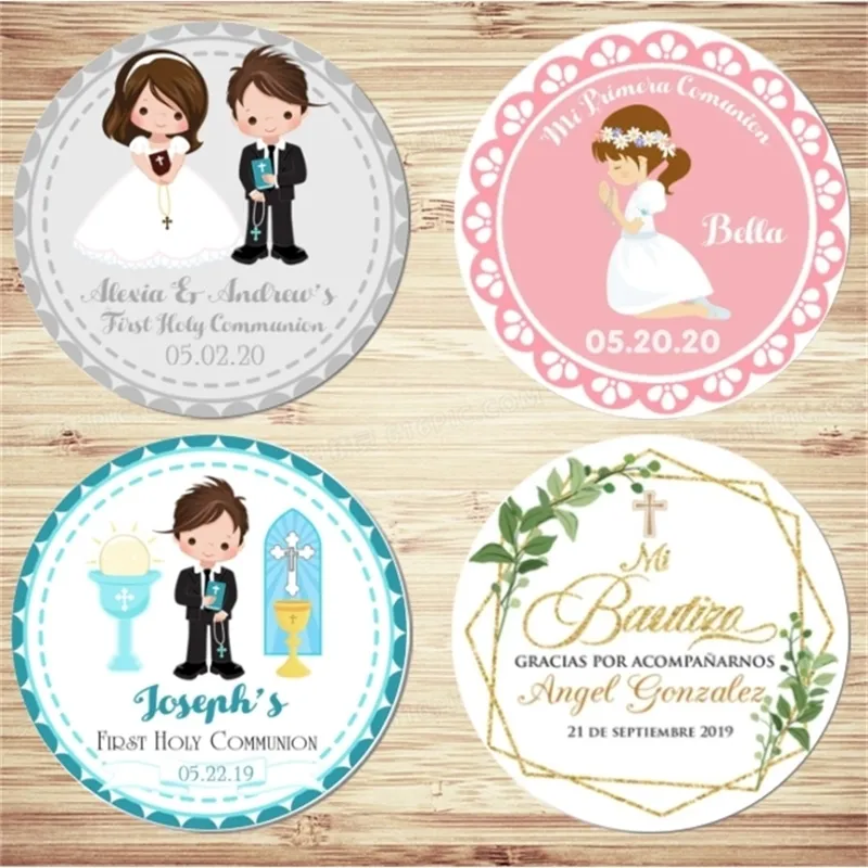 100st Custom First Holy Communion Stickers Diskande personliga baby shower Labels Boy Baptism Birthday Party Decorations 220613
