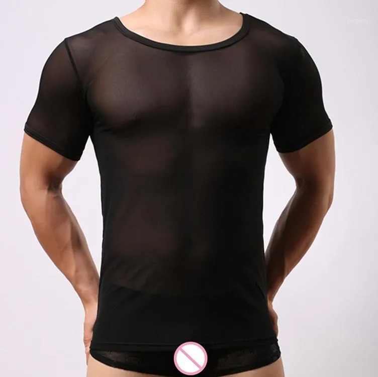 メンズTシャツメンセクシーなシングルメッシュシアー透明シャツトップアンダーウェアエキゾチックなスリープウェアネットTシャツアンダーシャツブランドサイズM L XL