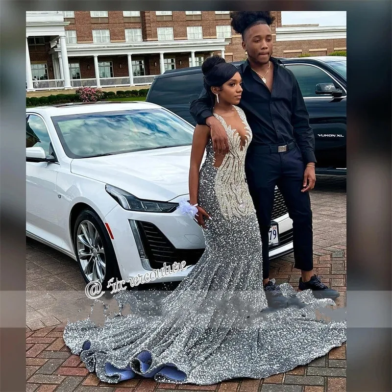 Glitter Mermaid Silver Mermaid Prom Dress 2022 For Black Girls Sheer Neck,  Beading, And Sequins Aso Ebi Party Gown Vestidos De Fiesta From  Sweety_wedding, $141.8 | DHgate.Com