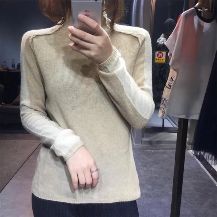 Fashion Pure Goat Cashmere Knit Women Turtleneck Slim Thick Patchwork Color Sleeve Pullover Sweater S-XL Women's Sweaters