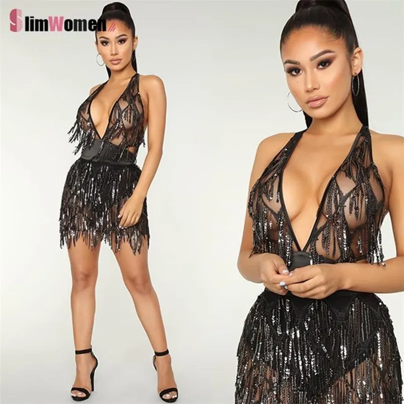 Nightclub Sparkle Backless Tassel paljetter Bodycon Dress Women Deep V Neck Robe Bandage Chirstmas Party Dresses Birthday Outfits 220608