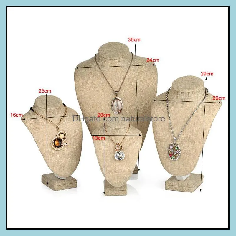 Top Grade Burlap Wooden Bust Mannequin Linen Pendant Necklace Holder Jewelry Display Stand Rack Photographed Props