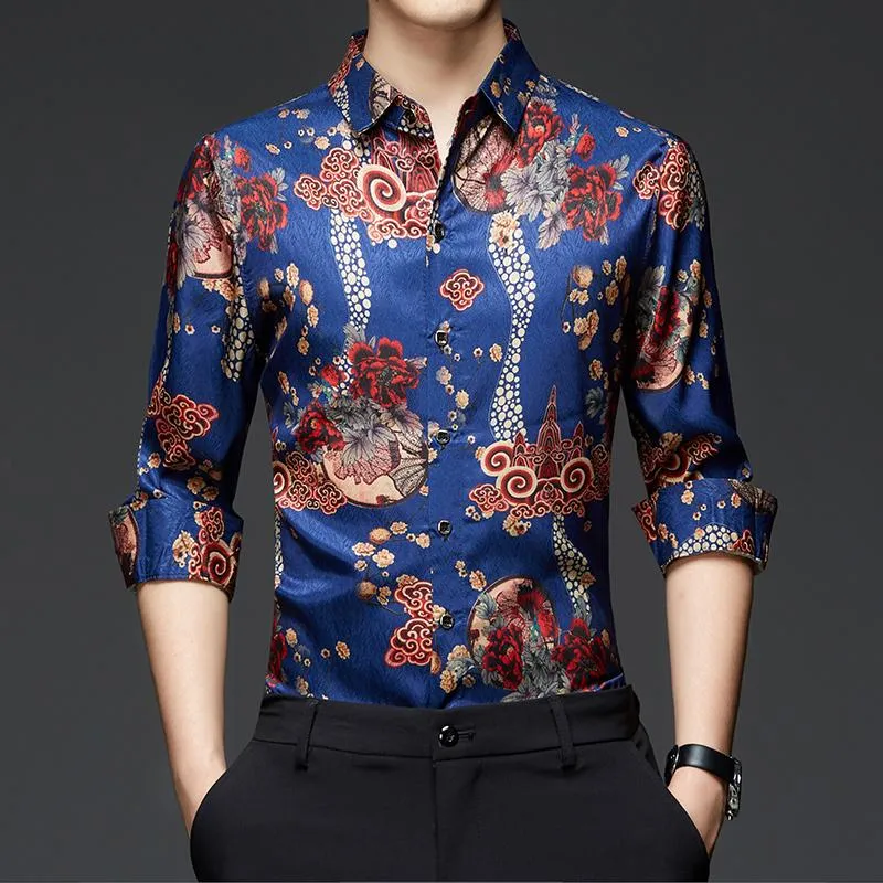 Mäns casual skjortor män silkeklänning 2022 vår mode blommor tryckta klädtoppar manlig långärmad blommor trycker satin tröjor