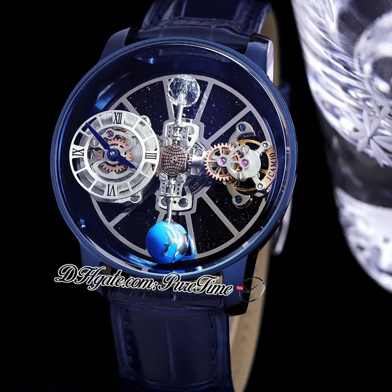 2022 Astronomia Tourbillon orologio svizzero al quarzo da uomo Cassa in acciaio blu PVD Sky Skeleton 3D Globe Dial Cinturino in pelle nera Super Editio266B