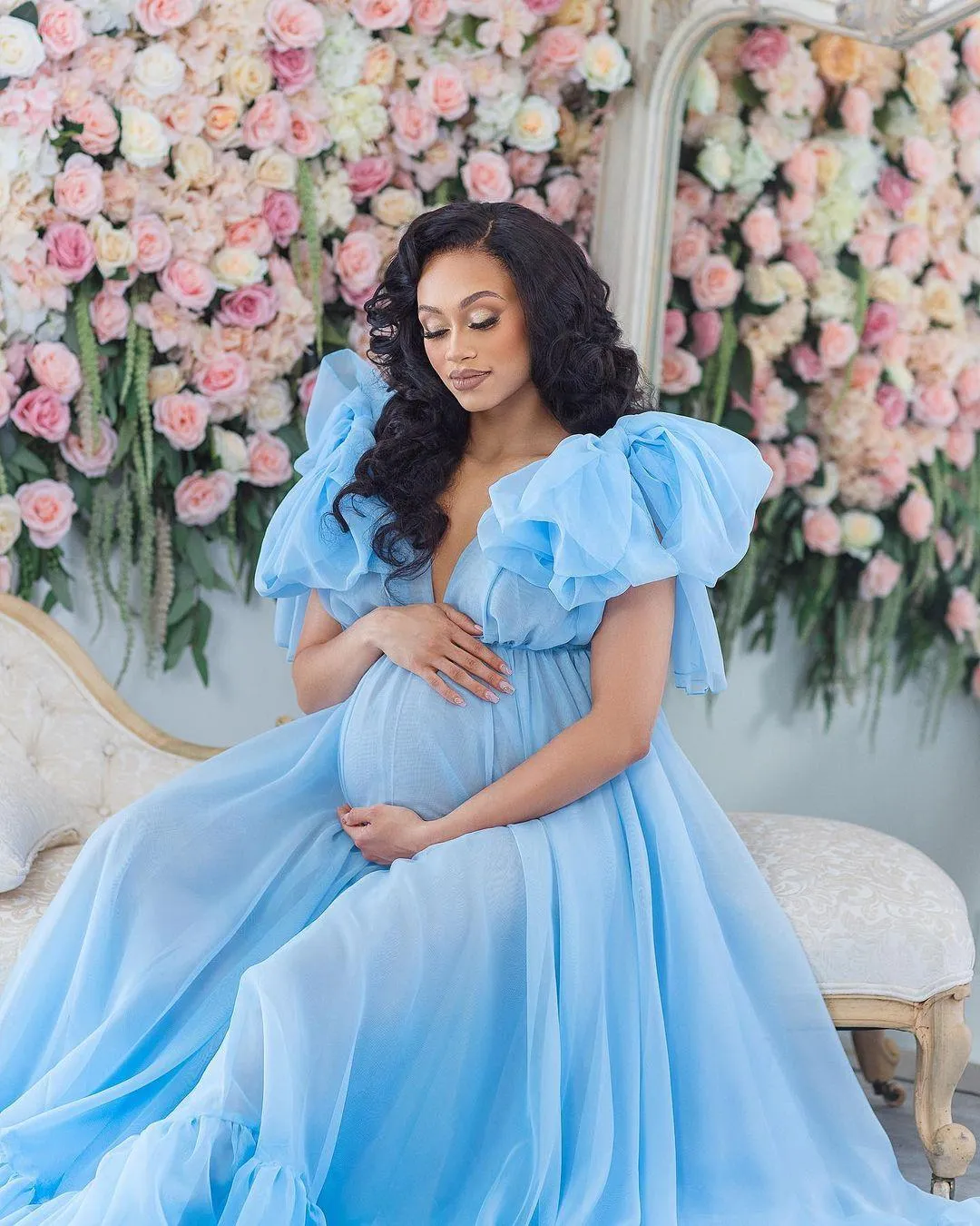 Plus Size Blue Ruffle Maternity Bridal Sleepwear Dress For