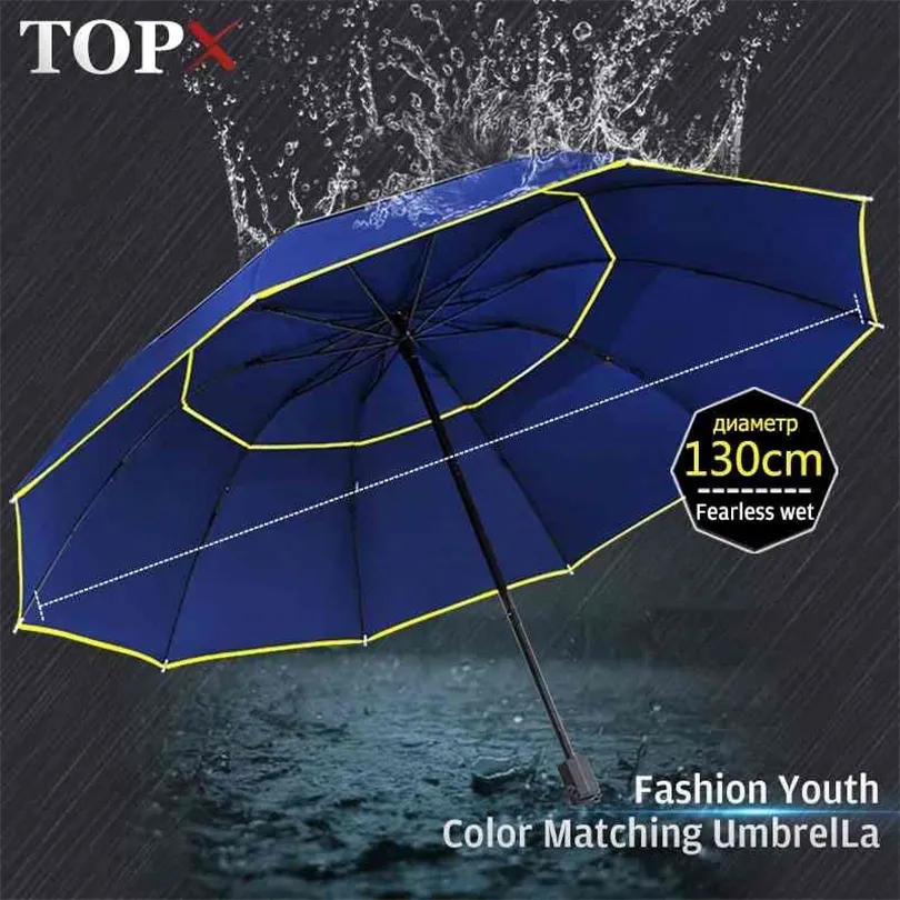130 cm podwójny parasol deszczowy Kobiety 3 podwójne silne wiatroodporne duże parasol mężczyźni Jakość czarna powłoka 10k przenośne parasole 210401