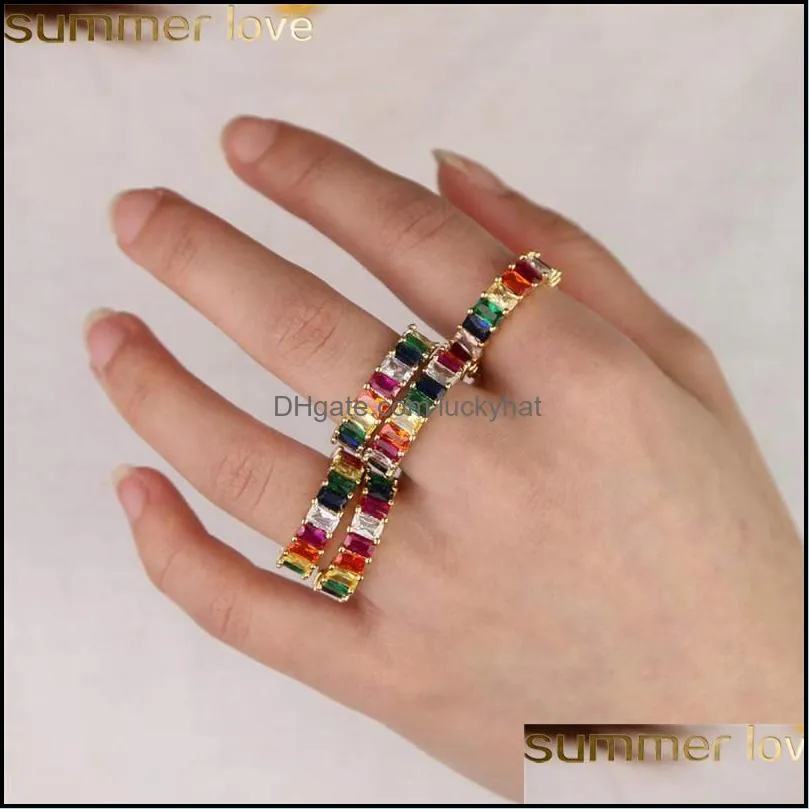Gold Filled Rainbow Rings Fashion Jewelry Rainbow Square Baguette CZ Engagement Ring for Women Colorful Cubic Zirconia Cz Eternity Band