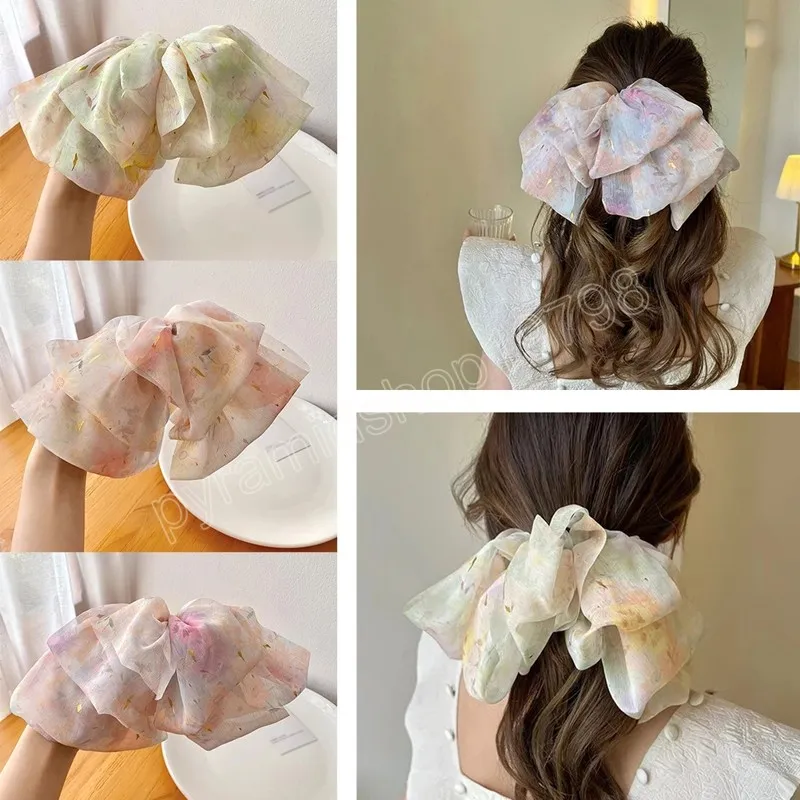 Women Chiffon Floral Printed Barrettes Oversized Bow Hair Clips Three Layers Hairpins Spring Clip Hair Accessories Hairgrips