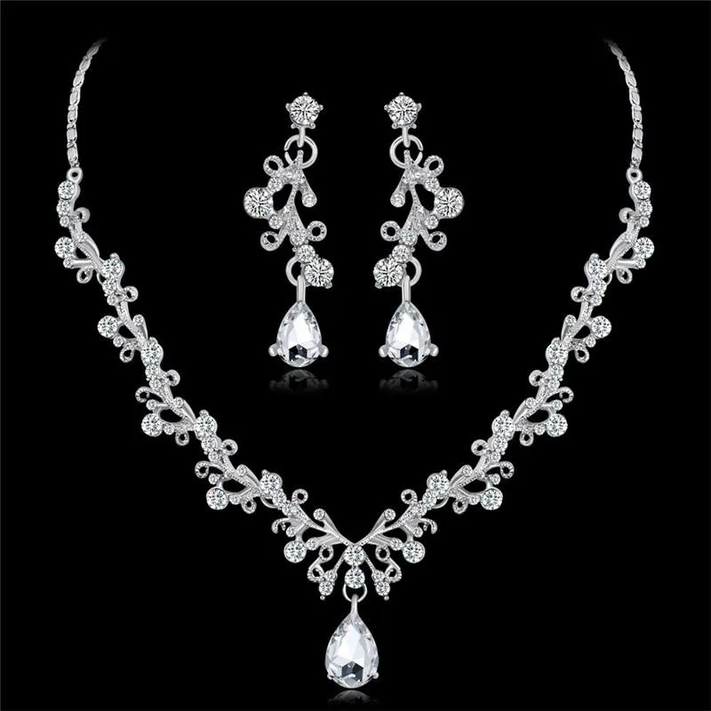 Earrings & Necklace Luxury Fashion Elegant Rhinestone Flower Bride Jewelry Set Silver Color Teardrop Sets For Women Wedding Gift