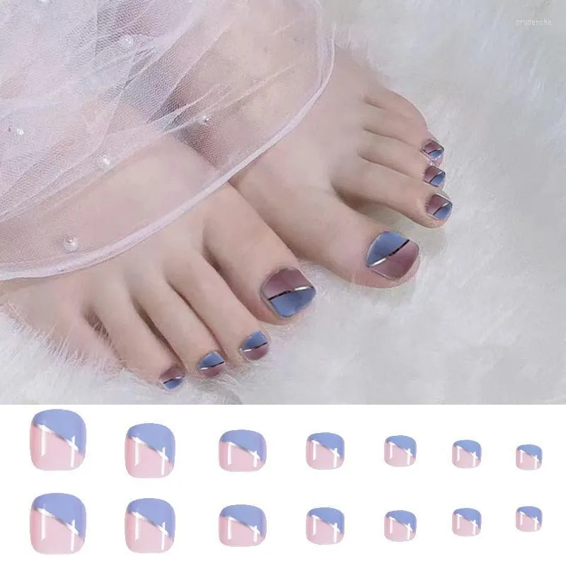 Faux ongles violet orteil été simple portant motif nail art autocollants amovibles 24 pièces avec colle pour filles couverture complète Prud22