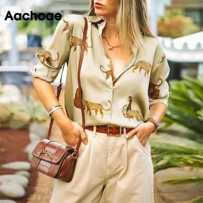 Aachoae vrouwen blouses lang mouw turn down kraag casual tops luipaard print ol style kantoor shirt dames losse blouses blusas 210326