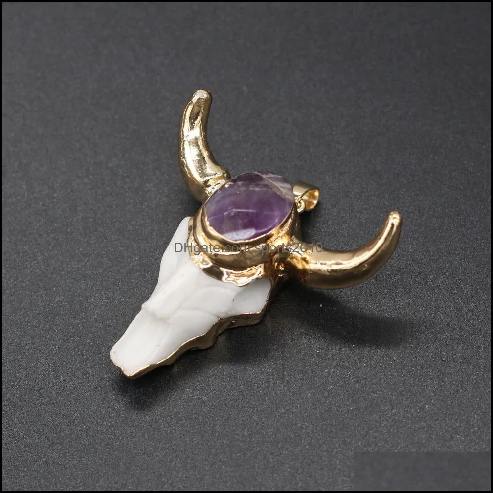 gold ox cow bones head shape quartz healing reiki stone charms crystal pendant fashion jewelry 46x46mm sports2010