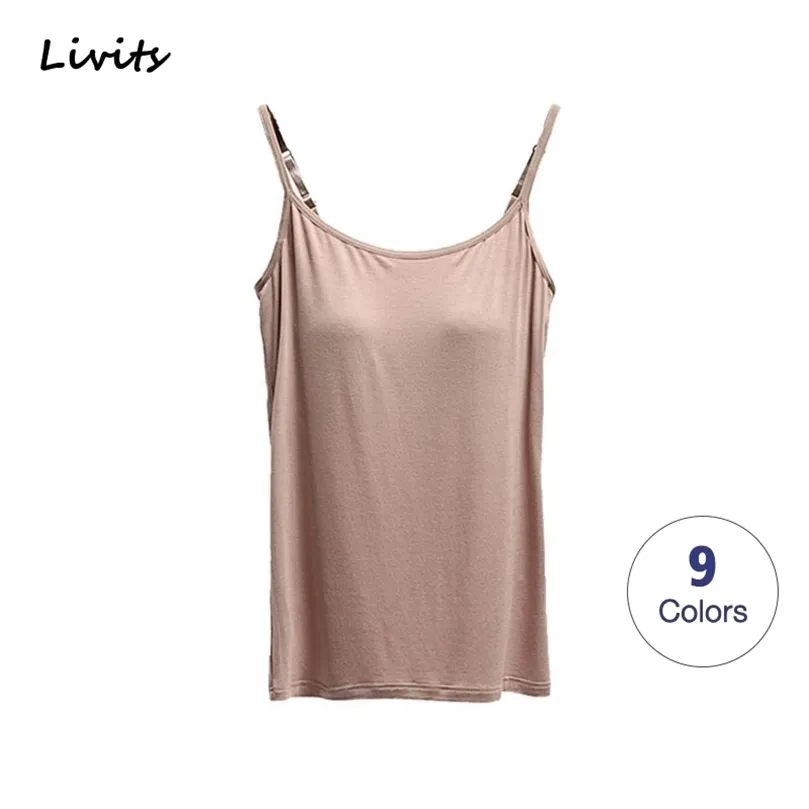 Kvinnor Tank-top inbyggd behå vadderad push-up stretchable modal tops camisoles tube väst ärmlös sexig casual koreansk SA0764 210326