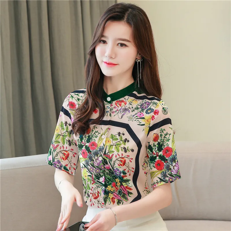 New Spring Summer Autunno Punteway Allentato Satin Contrast Colore Vintage Stampa floreale Stand Collar Manica Corta OL Womens Party Fashion Temperament Casual Top Shirt Camicia