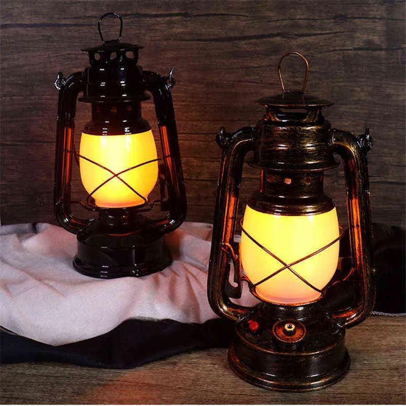 25 cm kreative wiederaufladbare Retro tragbare Laterne Outdoor Camping Kerosin Lampe Nachtlicht dynamische Flamme Licht LED Tischlampe 2 W220330