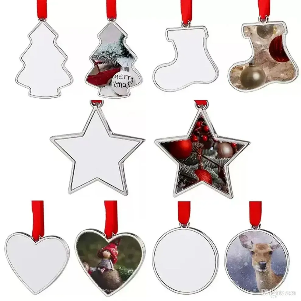 UPS 5 Style Sublimation Blank Heat Transfer Metal Christmas Pendants Hanging Ornaments Xmas Tree Decor Bezel Pendant stocking