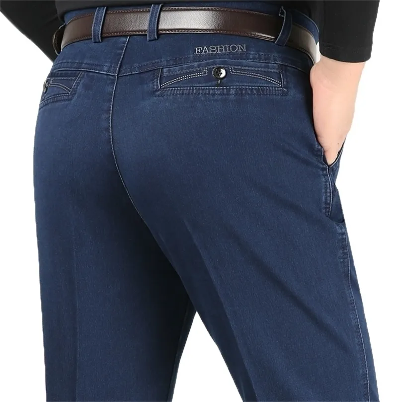 Plus storlek 30-42 män kvalitet denim tyg jeans homme hög midja stretch raka fasta byxor manliga klassiska fritidsbyxor 201128