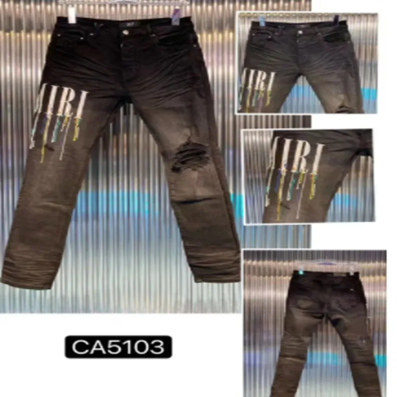 amirs 2022 Jeans strappati da uomo alla moda Jeans slim fit con stampa di fiamme blu personalità con fori rattoppati