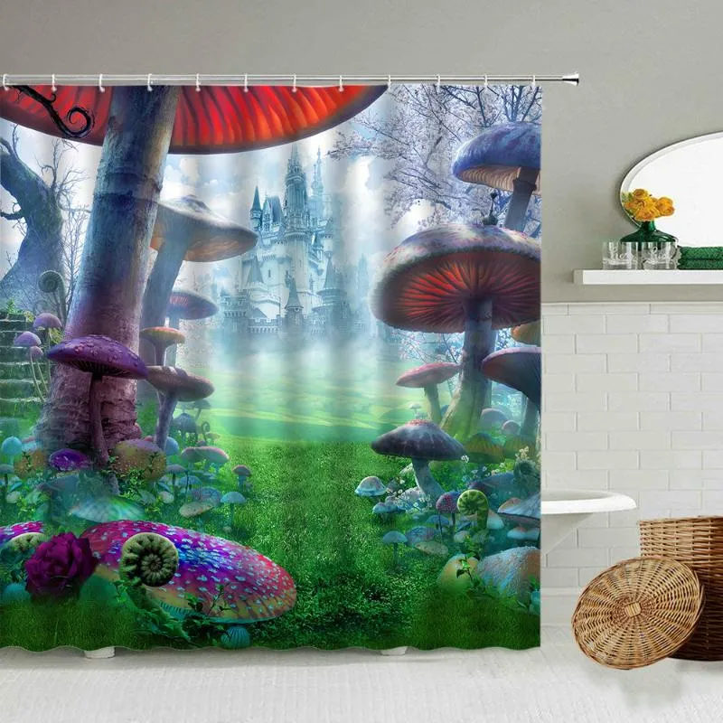 Shower Curtains Cartoon Fantasy Castle Mushroom Fairy Tale Forest Curtain Flower Lawn Children Bathroom Blackout Waterproof Cloth ScreenShow