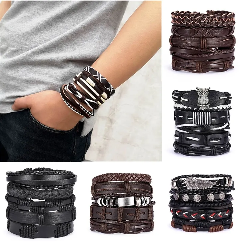 MEN BRACELETS VINTAGE Meerlagige leer vlecht armbanden Balletten Star Leaf Owl Handgemaakte touwomslag armbanden mannelijk geschenk Jowery 220726