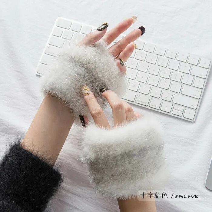 100% Import Mink Fur Glove Mittens Fingerless Double Sides Fur Warm High Elastic