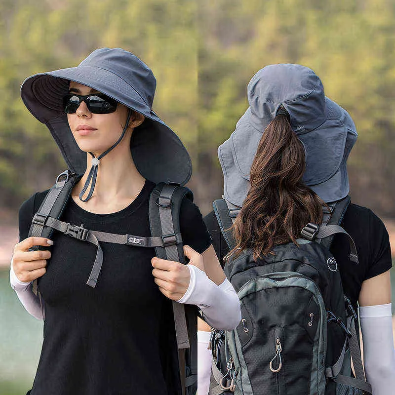 Летние ведро шляпа женщин большие краевые на открытом воздухе путешествия туристические шапки с шалью женский дышащий быстрый сухой альпинизм солнцезащитный крем Cap G220418