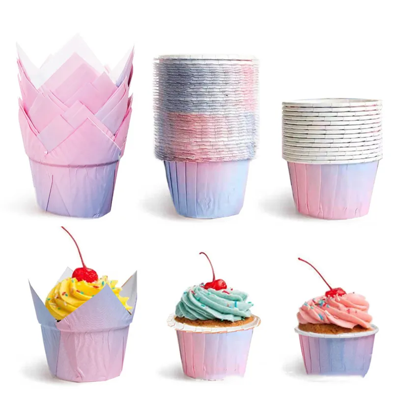 100pcs / lot Gradient Cupcake Liner Cake Baking Cup Plateau Case Oilproof Paper Tulip Muffin Wrappers Dessert Holder Party Wedding Christmas JY1133