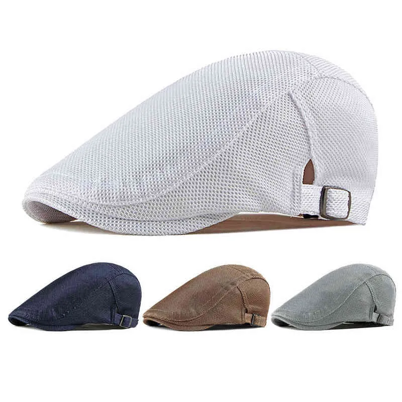 Spring Summer Men Mesh Newspaper Boy Caps Casual Breathable Outdoor Retro Beret Hat Golf Hat Fashion Solid Flat Caps Woman J220722