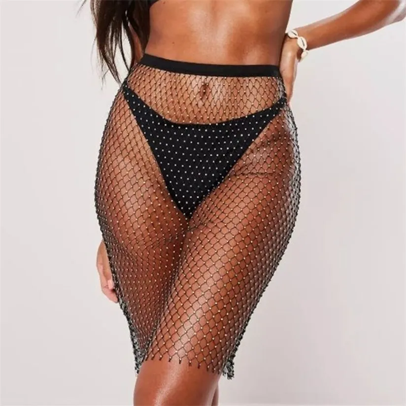 Shiny Sexy Sequin Fishnet Mini Skirt Festival Beach Elastic See Through Diamond Mesh High for Women 220322