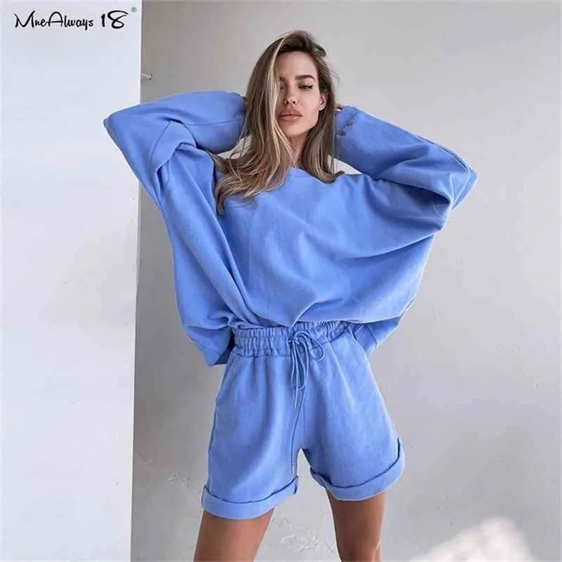 Mnealways18, conjunto informal azul de 2 piezas, traje deportivo para mujer, sudadera de manga larga y pantalones cortos, chándal, conjuntos de otoño para mujer, sueltos 210331