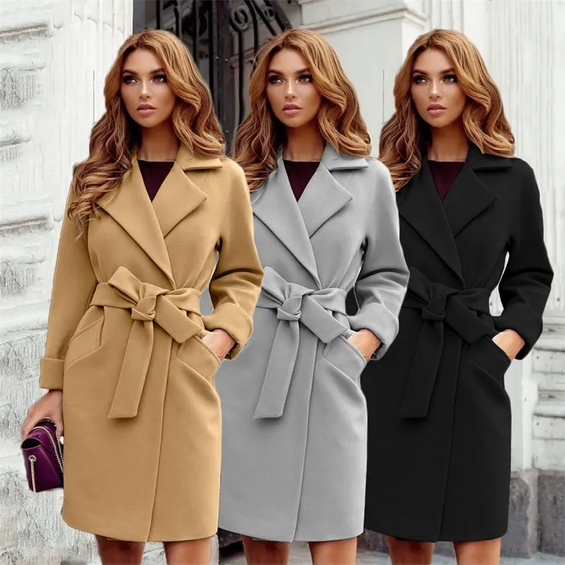 Women's Wool Blends Women Jackets Coat Autumn Winter Warm Woolen Blend Lapel Long Coat with Belt Elegant Chic Solid Slim Fit Overcoat Outerwear 220826