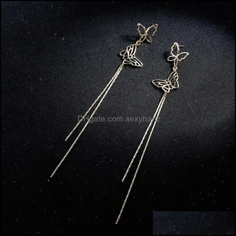 Fashion Long Tassel Earrings Hollow Double Butterfly Tassel Earring 925 Sterling Silver Needle For Women Wholesale Jewelry