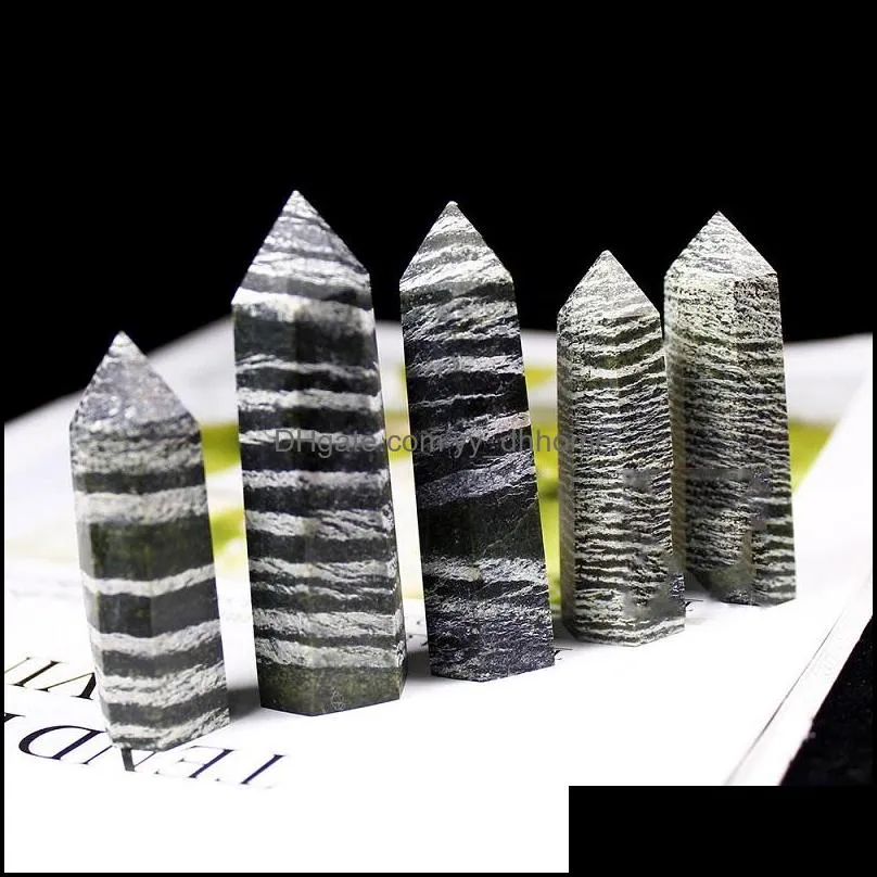 Natural green zebra stone six-sided single-pointed Energy Pillar art ornaments Ability Quartz Tower Mineral Healing wands Reiki Crystal