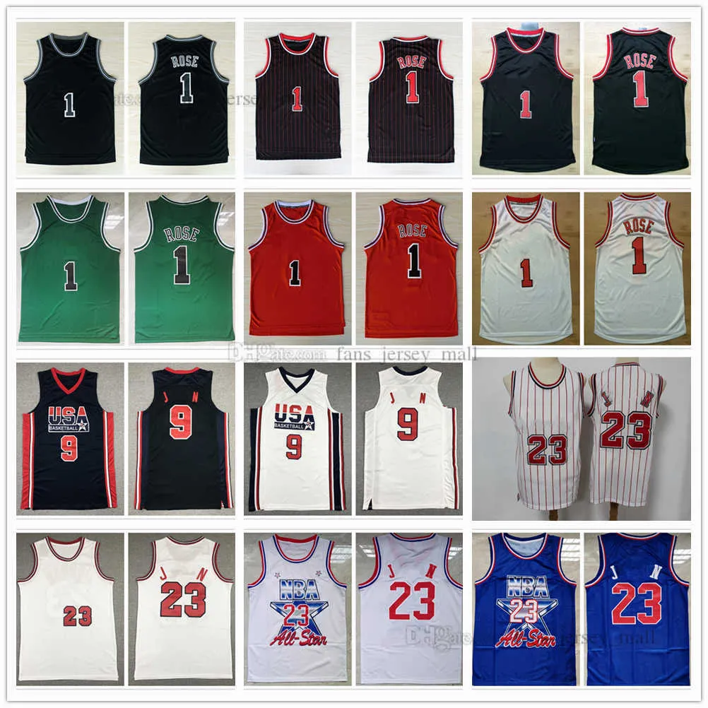 Zszyta koszulka do koszykówki retro Derrick 1 Rose Jersey 9# 23# biały niebieski czerwony zielony czarny