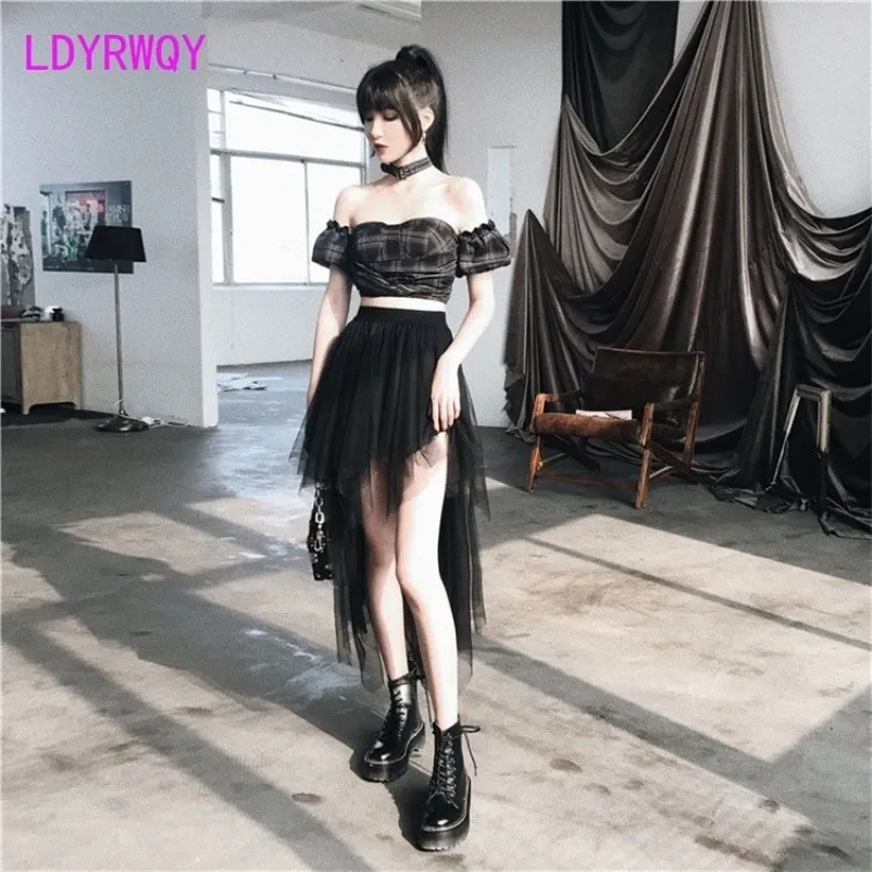 Ldyrwqy женская высокая талия сетчатая юбка из сетки короткая передняя и длинная корейская офисная леди -платья в колени 220707