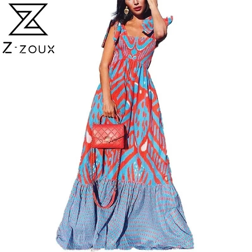 Zzoux feminino vestido com mangas de cor, combinando vestidos de tamanho longo de impressão longa vestidos de verão sexy de verão nova moda sexy 210319