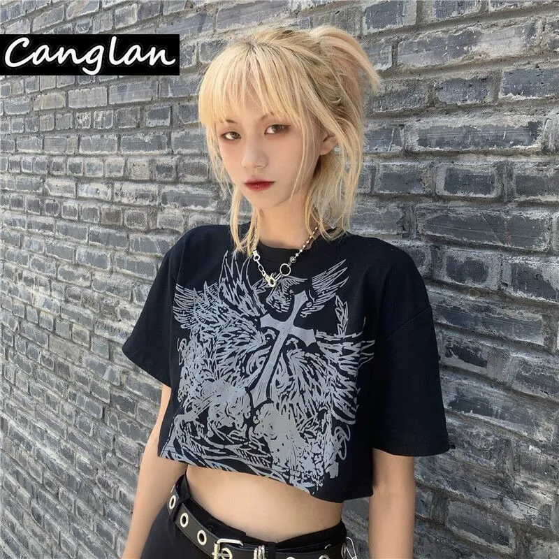 Gothic Style Crop Top T Shirt for Women Fashion Clothing Grunge Tshirt Summer Harajuku Tee Croptop Goth Emo Alt Clothes Dropship 220321