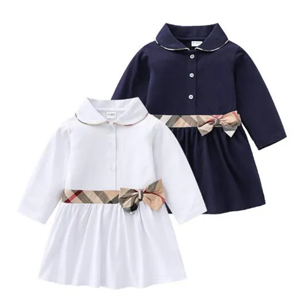 Moda odzież dziecięca Girls Długim rękawem Dress 2022 New Lapel Bow Pojedynczy Dzianiny Student Biały Niebieska Sukienka Rozmiar S-XXL