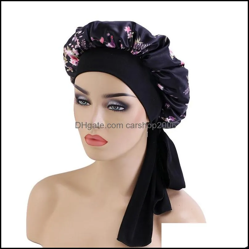 satin printed bonnet elastic wide band long ties hair care women night sleep hat adjust cap silk head wrap shower turban cover