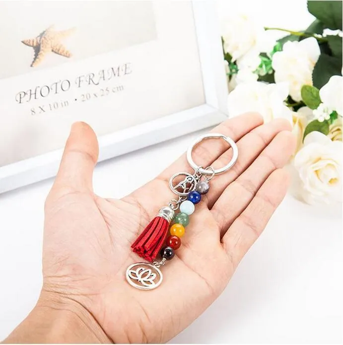 Seven Chakra Stone Tassel Keychain Pendant Lotus Reiki Healing Yoga Natural Gemstone Beaded Key Chain Creative Keyring