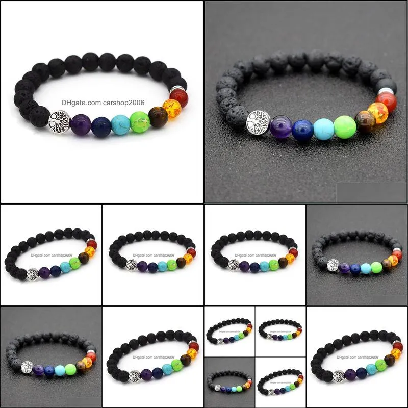 Natural lava Stone 7 Reiki Chakra Healing Balance Beads Tree Of Life Bracelet for Men Women Stretch Yoga Jewelry