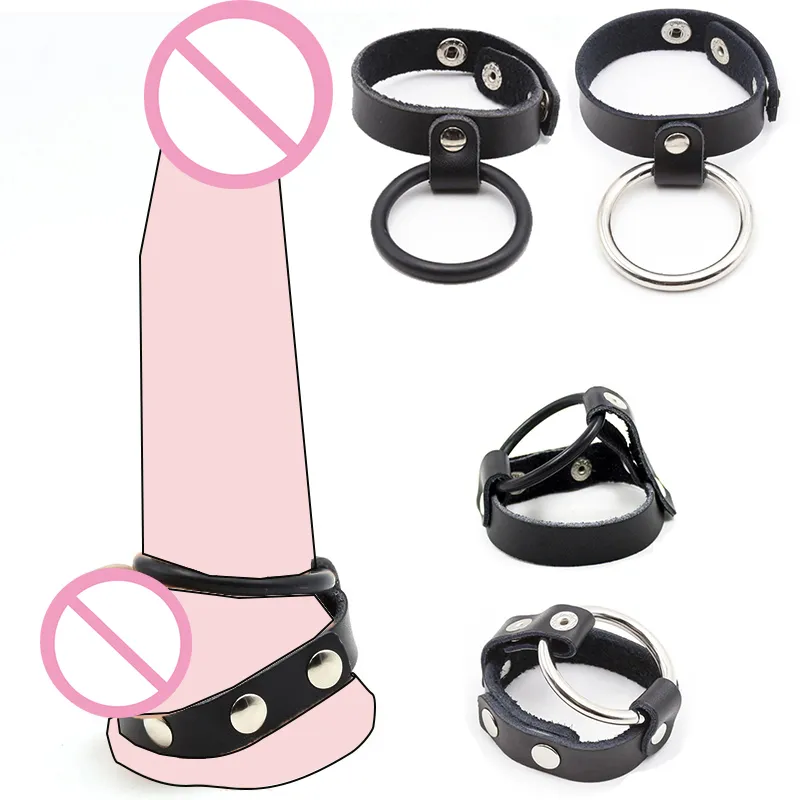 Double anneau de pénis en métal/Silicone, sangles de Bondage en cuir Scrotum, retard réglable de l'éjaculation, jouets sexy pour hommes adultes